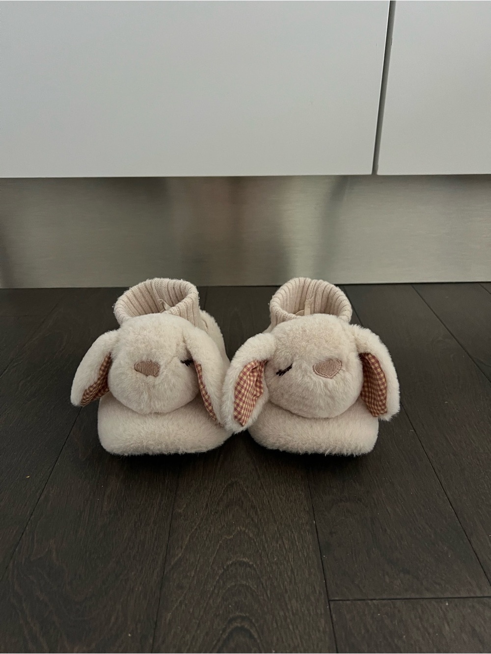 Zara Plush Bunny Slippers in Cream with Brown Gingham Ears